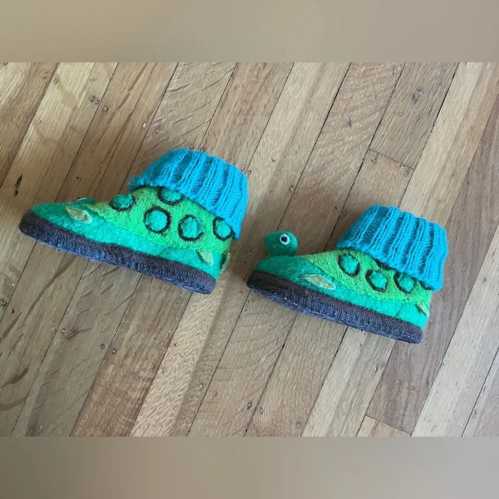 Garnett Hill boiled wool turtle animal slippers 6 36 6T green turquoise warm kid